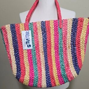 Multicolor Striped Braided Straw Tote - Pink, Teal & Navy